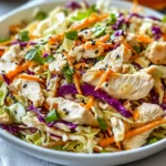 Freshly tossed Chicken Coleslaw Salad topped with sesame seeds and red cabbage