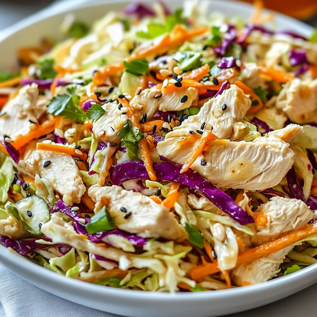 Freshly tossed Chicken Coleslaw Salad topped with sesame seeds and red cabbage