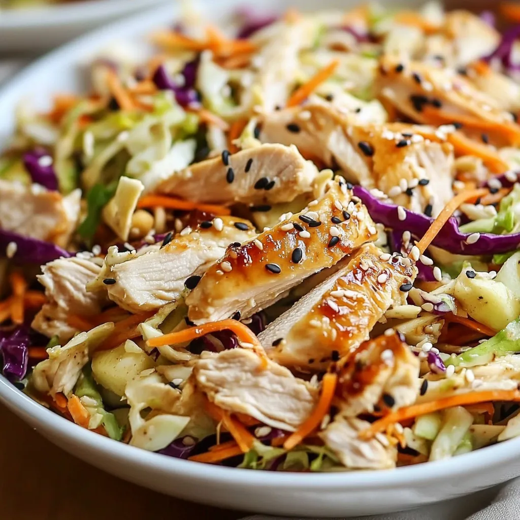 Freshly tossed Chicken Coleslaw Salad topped with sesame seeds and red cabbage