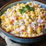 Creamy corn salad in a white bowl with fresh herbs and colorful bell peppers.