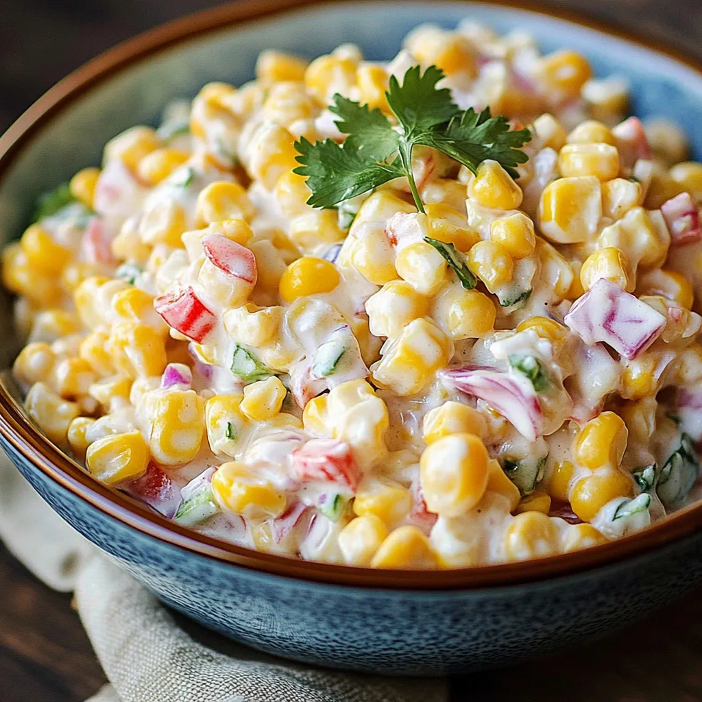 Creamy corn salad in a white bowl with fresh herbs and colorful bell peppers.