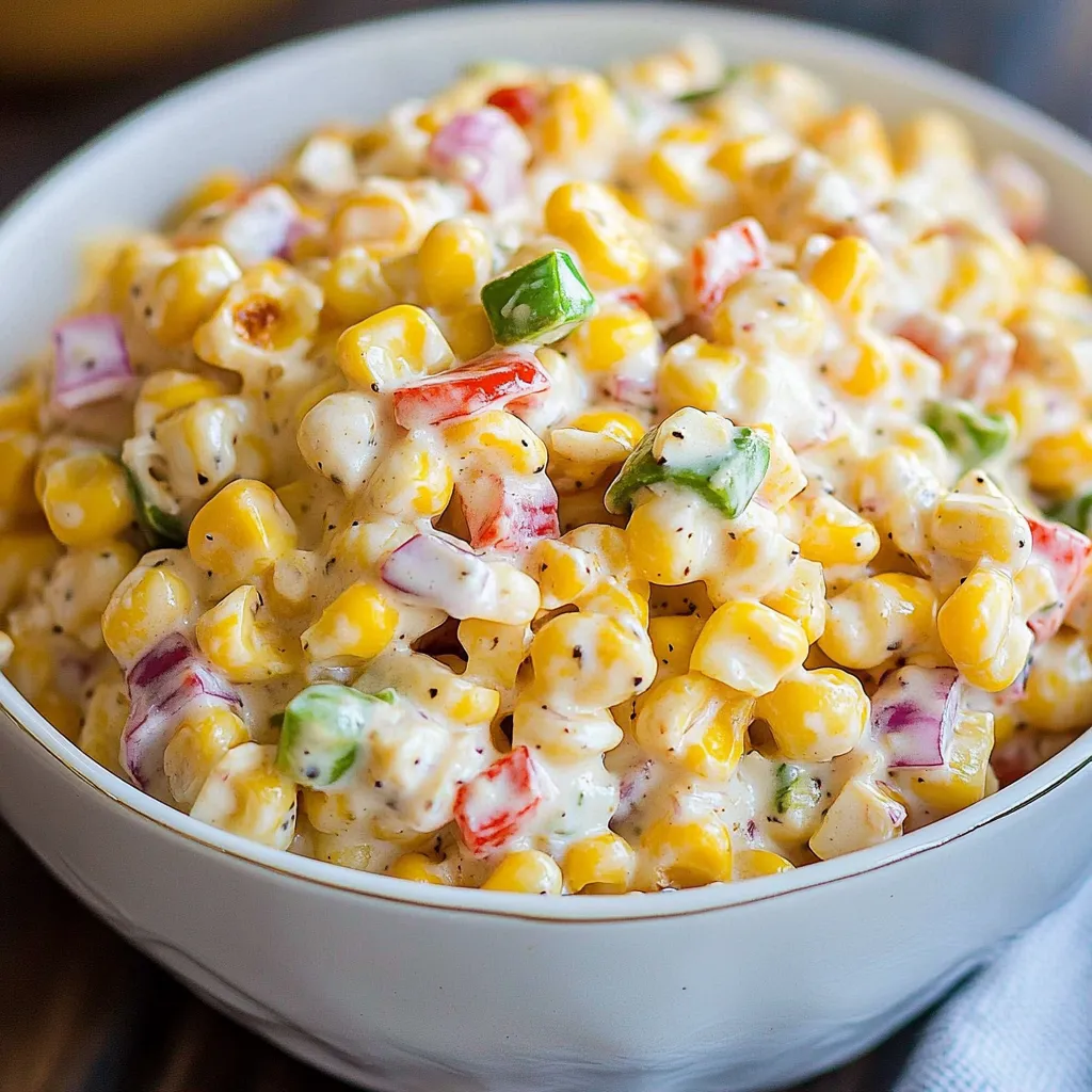 Creamy corn salad in a white bowl with fresh herbs and colorful bell peppers.