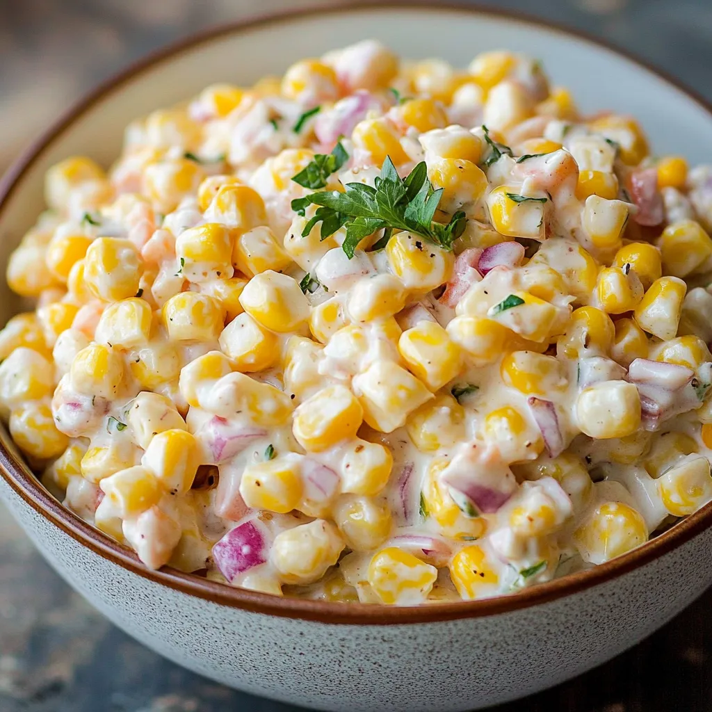 Creamy corn salad in a white bowl with fresh herbs and colorful bell peppers.
