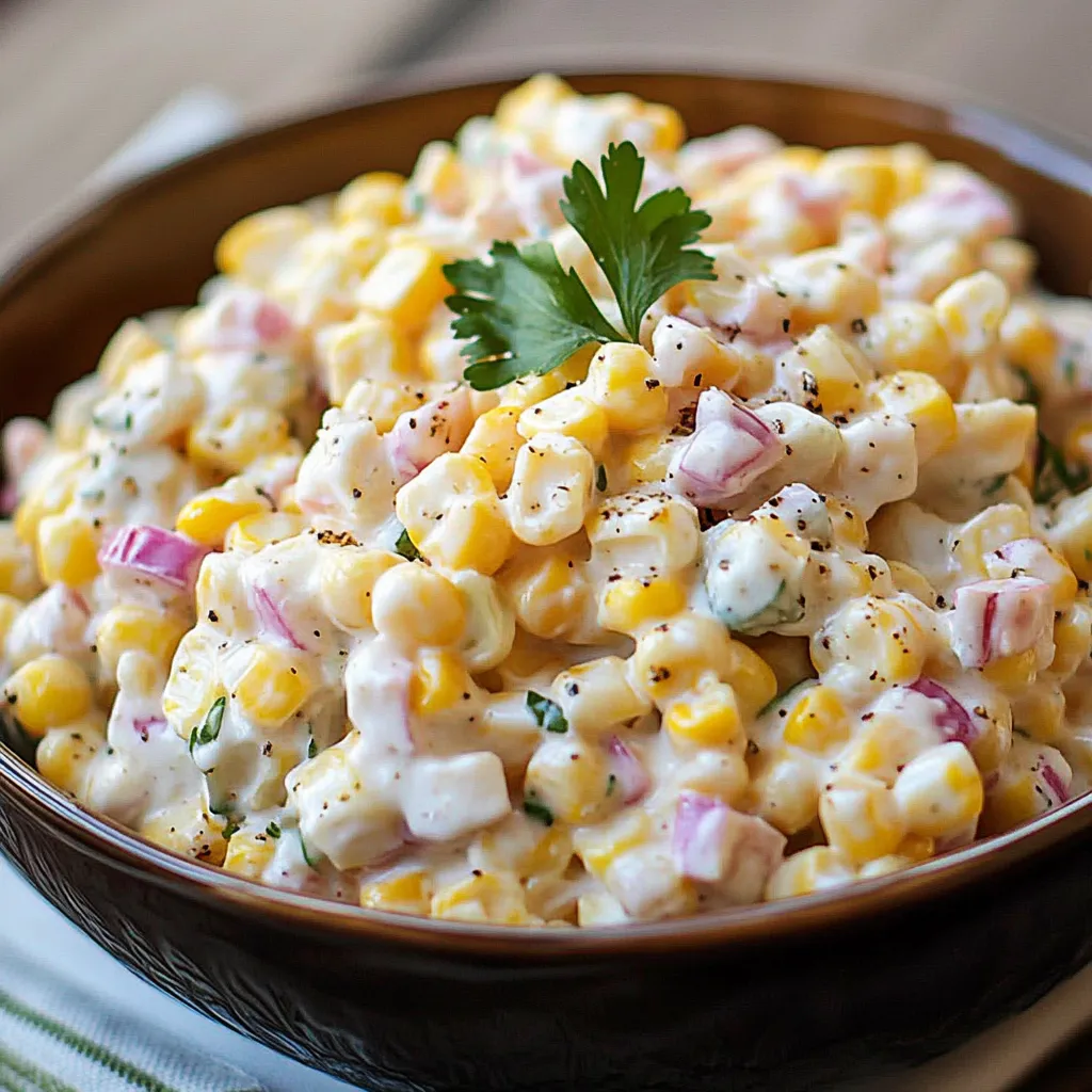 Creamy corn salad in a white bowl with fresh herbs and colorful bell peppers.