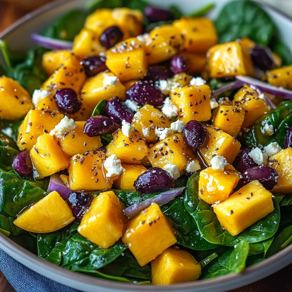 Overhead view of mango spinach salad with blueberries, feta, and toasted walnuts drizzled with honey lemon dressing