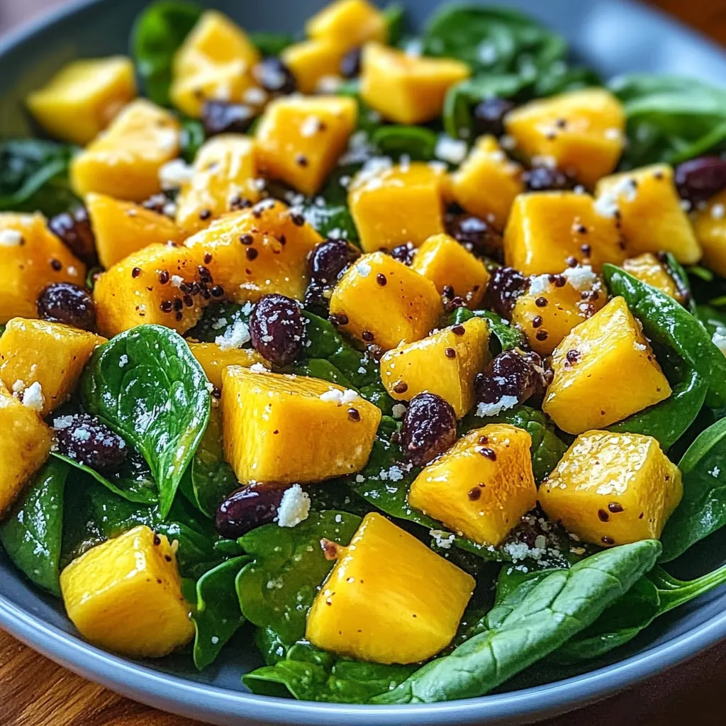 Overhead view of mango spinach salad with blueberries, feta, and toasted walnuts drizzled with honey lemon dressing