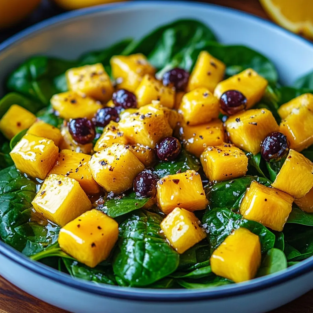 Overhead view of mango spinach salad with blueberries, feta, and toasted walnuts drizzled with honey lemon dressing