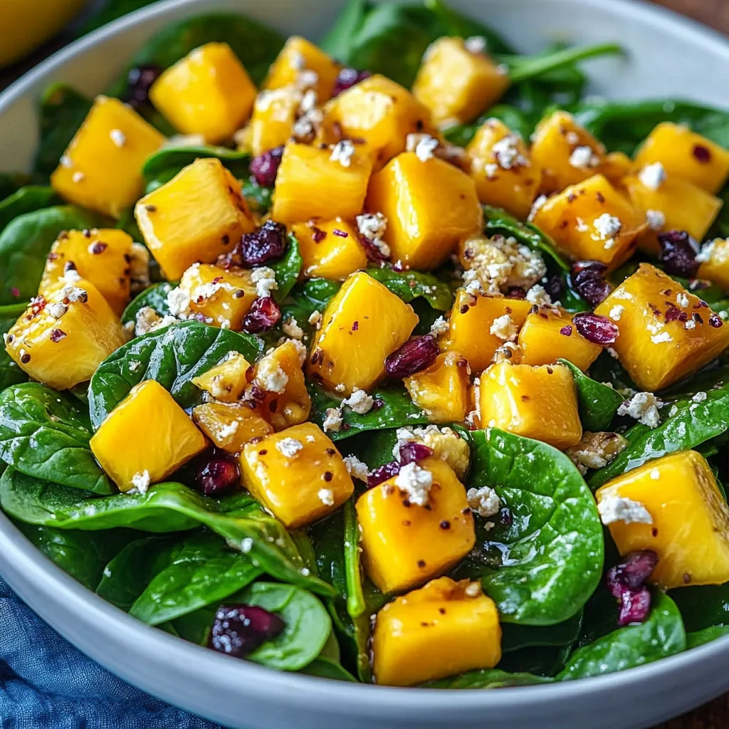Overhead view of mango spinach salad with blueberries, feta, and toasted walnuts drizzled with honey lemon dressing