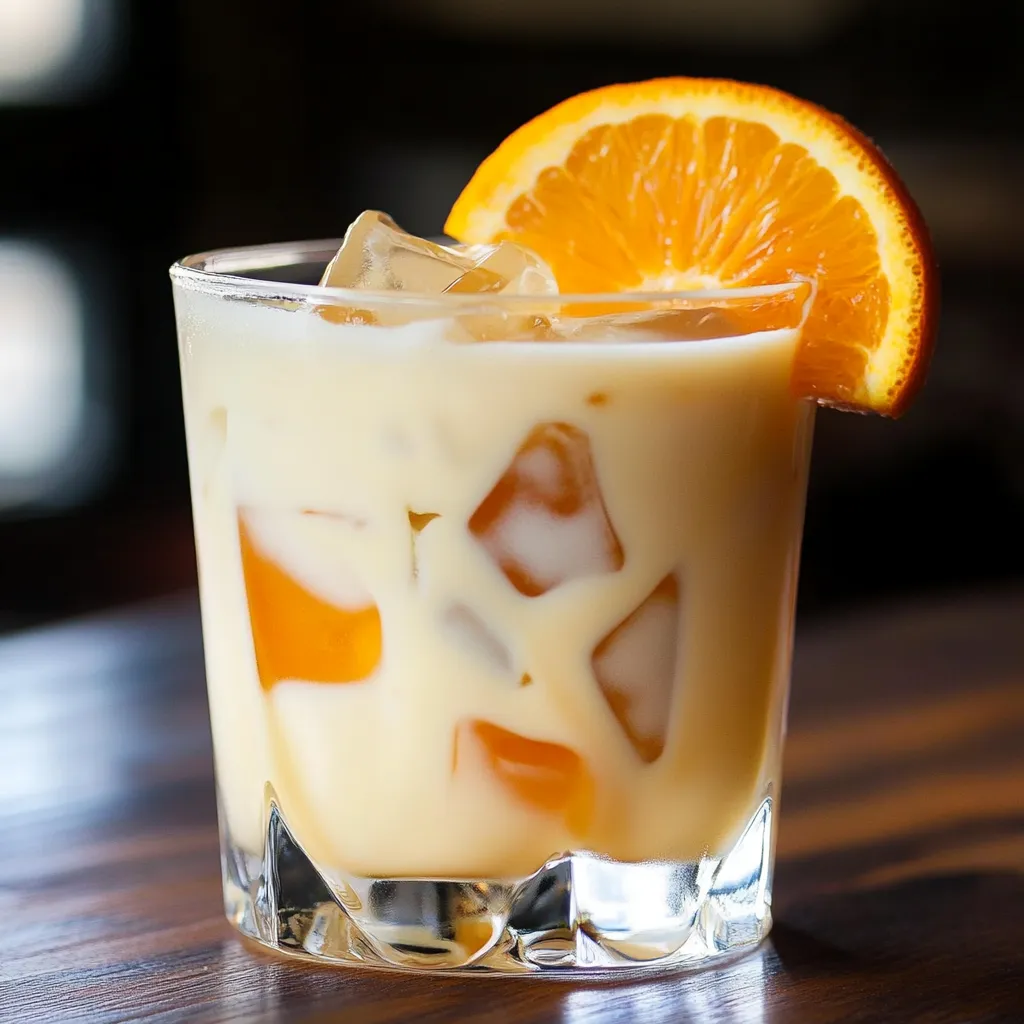 A chilled Orange Creamsicle White Russian cocktail served in a rocks glass, garnished with orange zest and a slice.