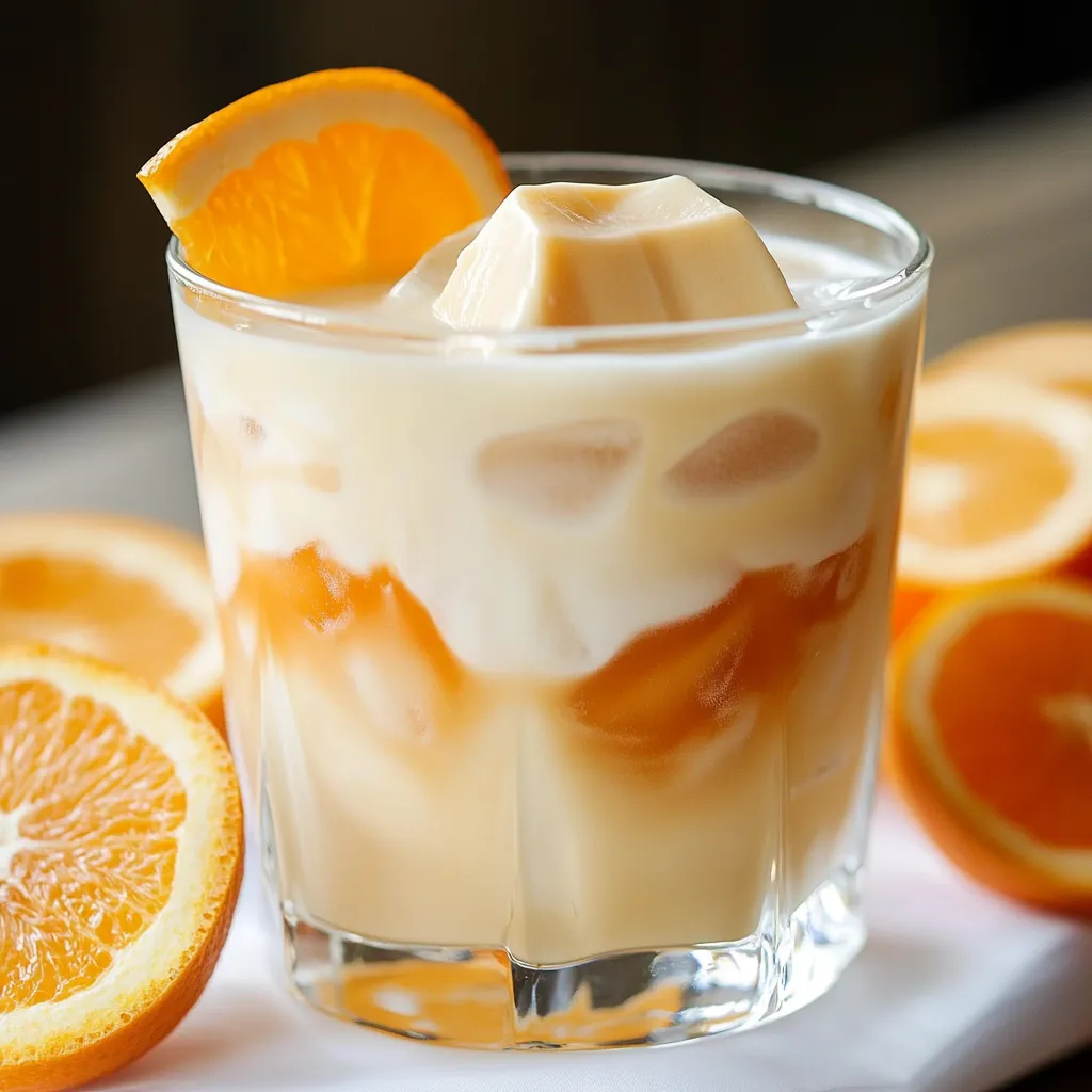A chilled Orange Creamsicle White Russian cocktail served in a rocks glass, garnished with orange zest and a slice.