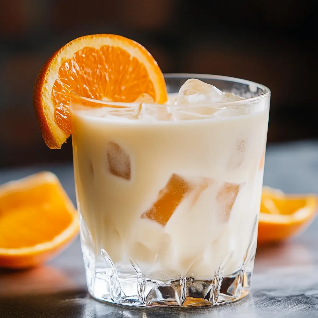 A chilled Orange Creamsicle White Russian cocktail served in a rocks glass, garnished with orange zest and a slice.