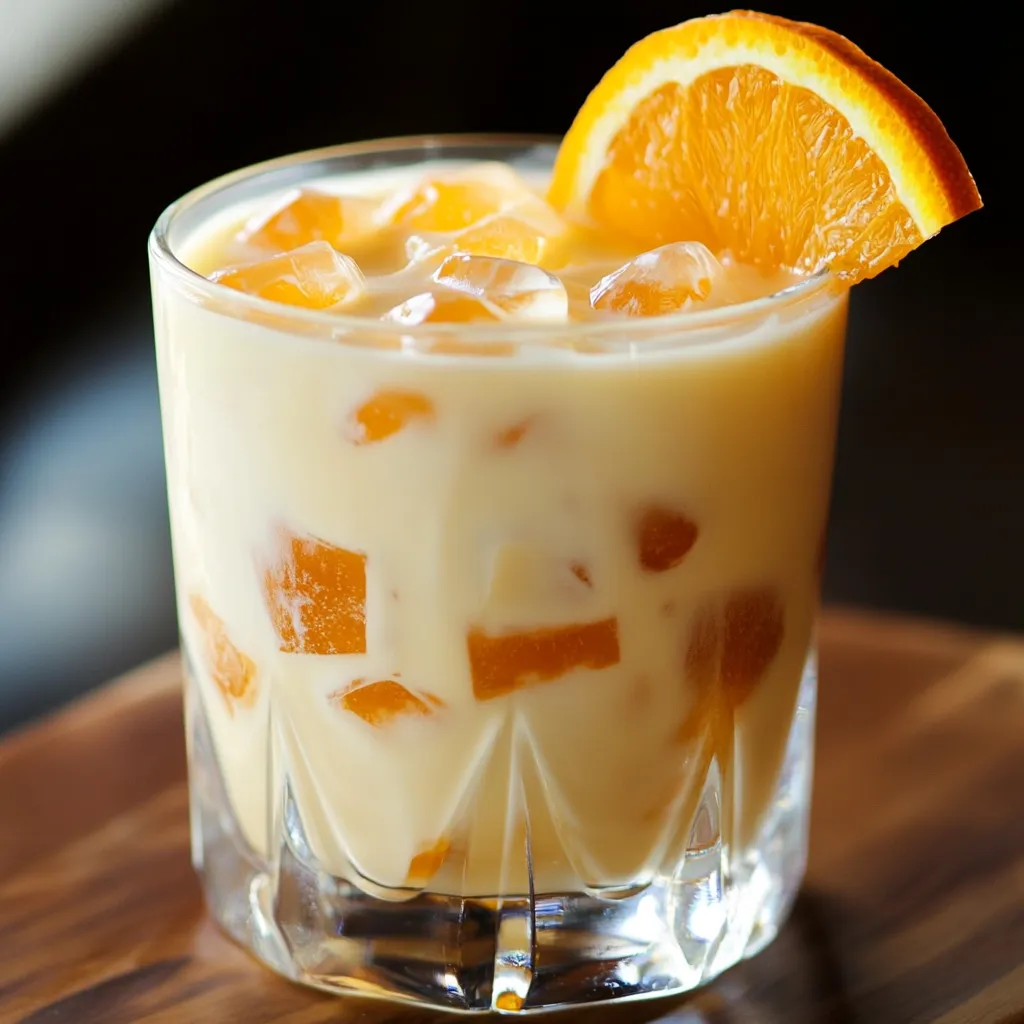 A chilled Orange Creamsicle White Russian cocktail served in a rocks glass, garnished with orange zest and a slice.