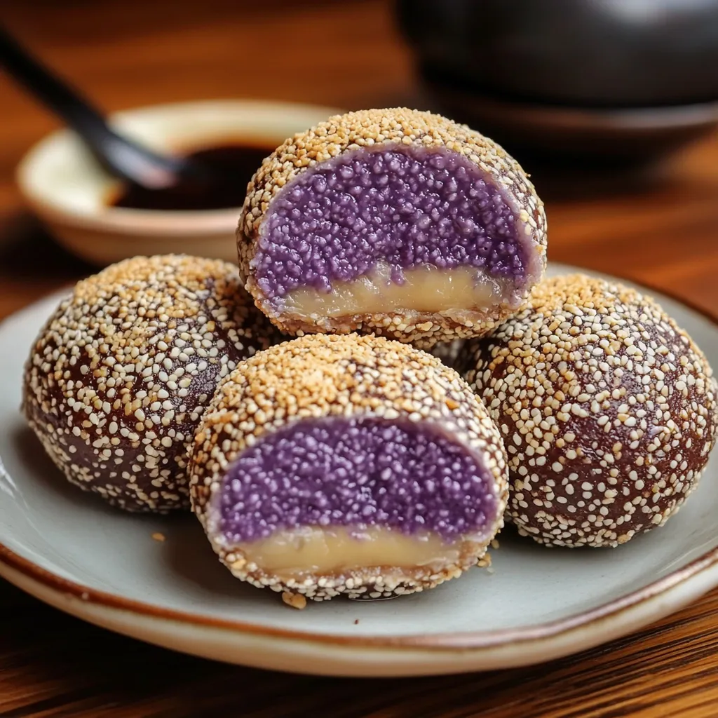 Close-up of Ube Cheese Buchi – Filipino sesame balls with purple yam and cheese filling