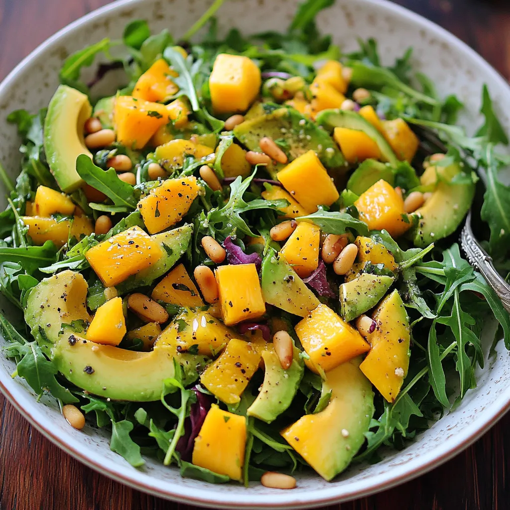 Fresh avocado mango salad with arugula and pine nuts served with honey-lime dressing
