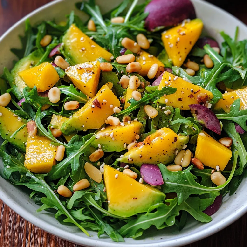 Fresh avocado mango salad with arugula and pine nuts served with honey-lime dressing