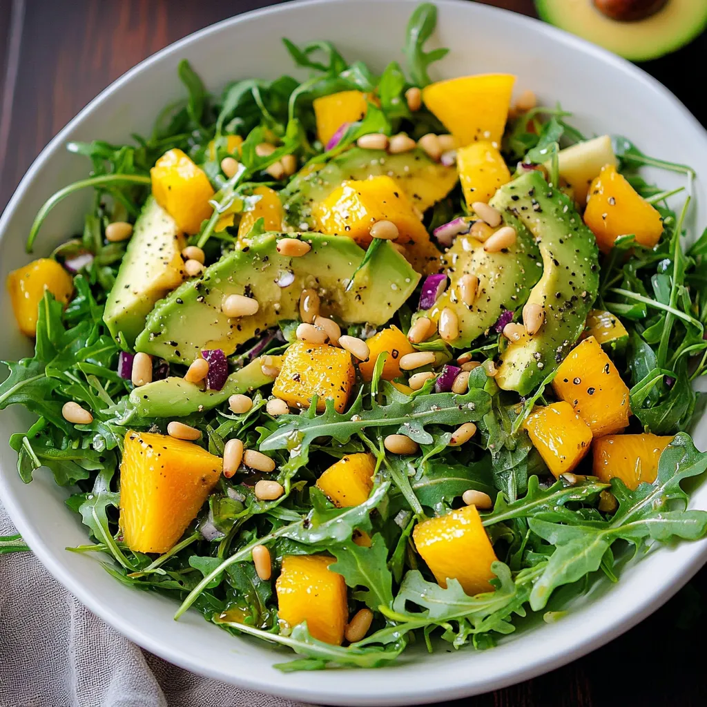 Fresh avocado mango salad with arugula and pine nuts served with honey-lime dressing