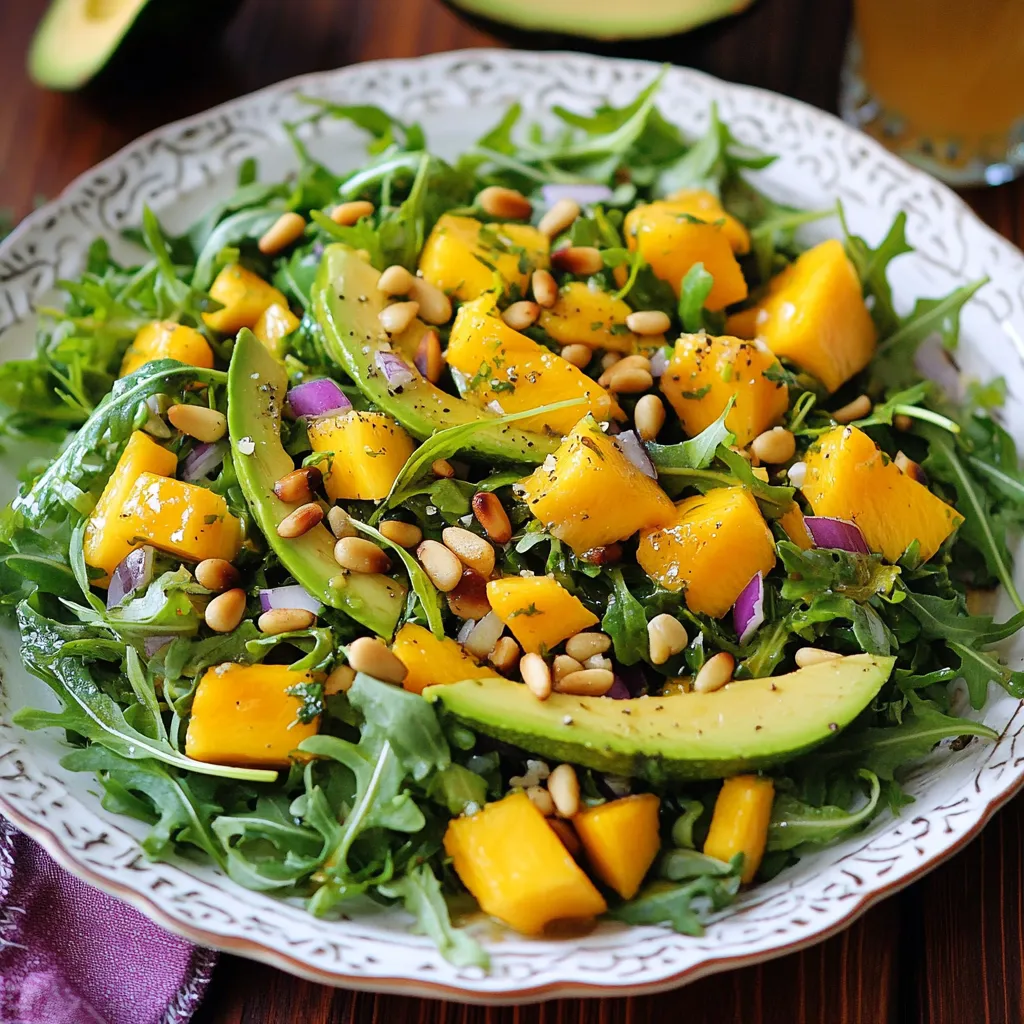 Fresh avocado mango salad with arugula and pine nuts served with honey-lime dressing