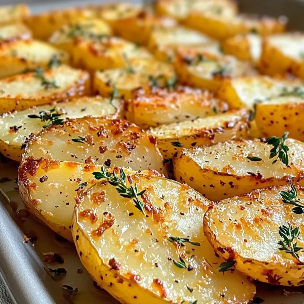 Crispy scored sheet pan potatoes garnished with parsley and Parmesan.