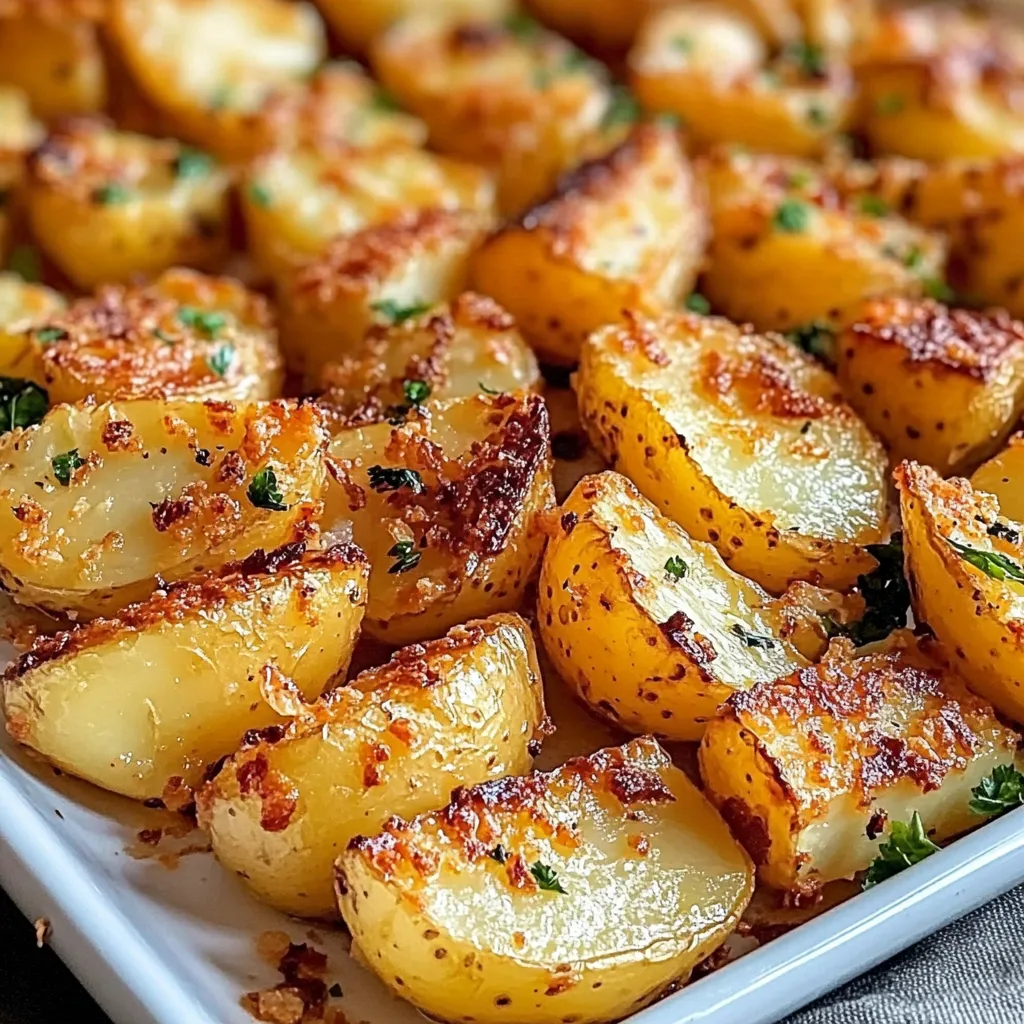 Crispy scored sheet pan potatoes garnished with parsley and Parmesan.