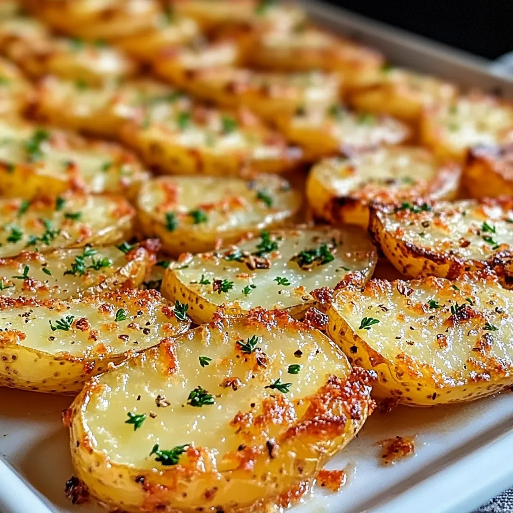 Crispy scored sheet pan potatoes garnished with parsley and Parmesan.