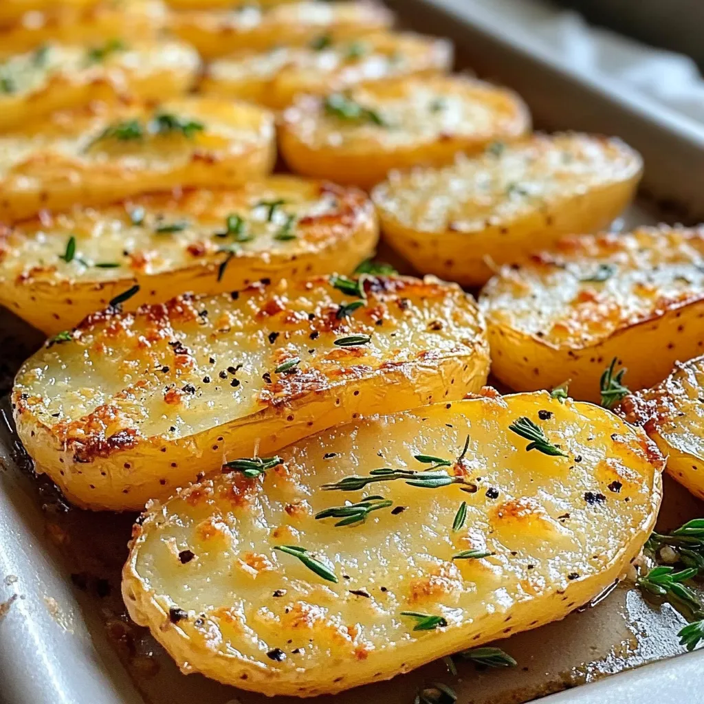 Crispy scored sheet pan potatoes garnished with parsley and Parmesan.