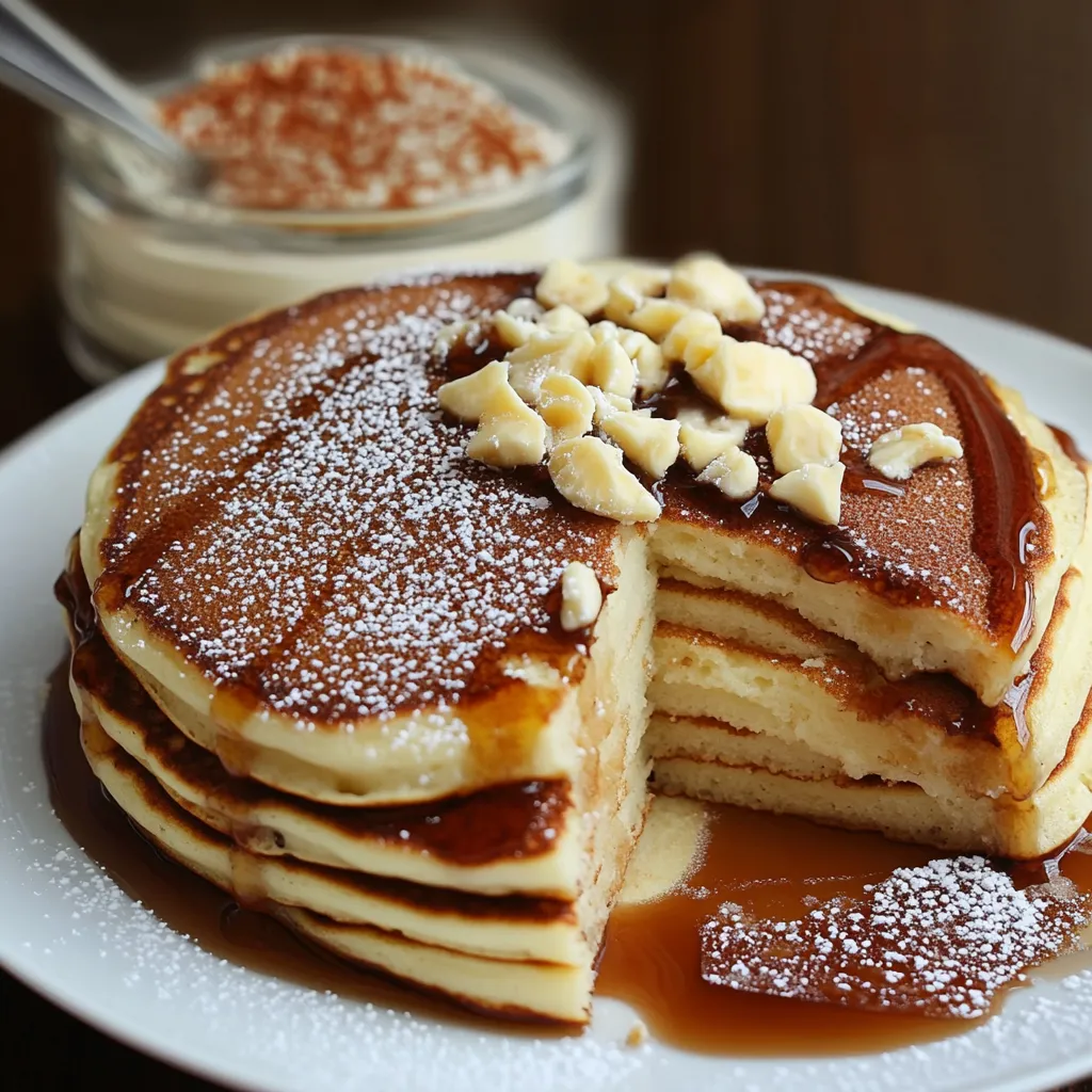Stack of golden brown fluffy pancakes topped with butter and syrup