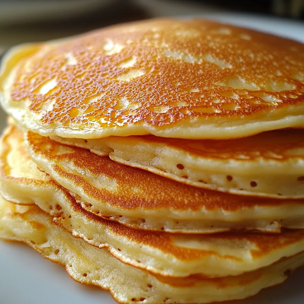 Stack of golden brown fluffy pancakes topped with butter and syrup