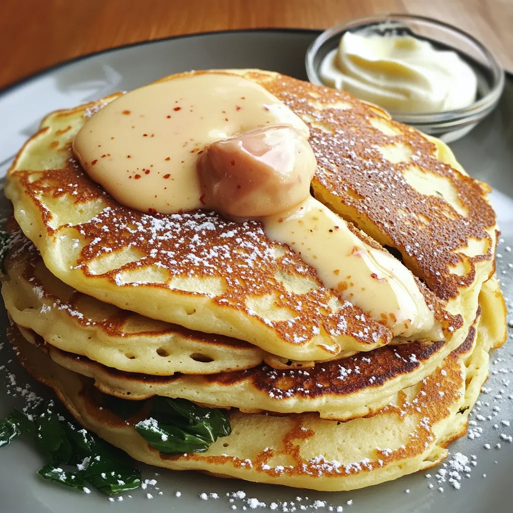 Stack of golden brown fluffy pancakes topped with butter and syrup