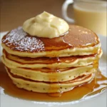 Stack of golden brown fluffy pancakes topped with butter and syrup