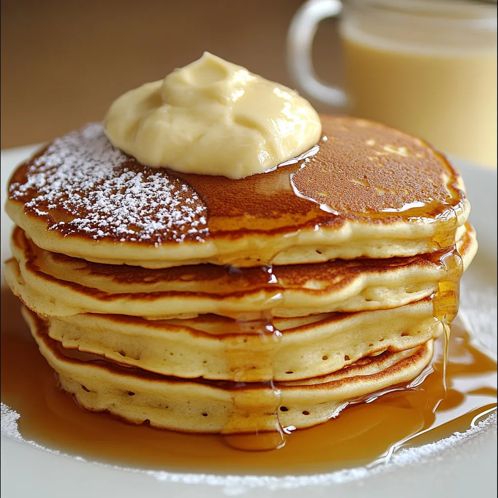 Stack of golden brown fluffy pancakes topped with butter and syrup