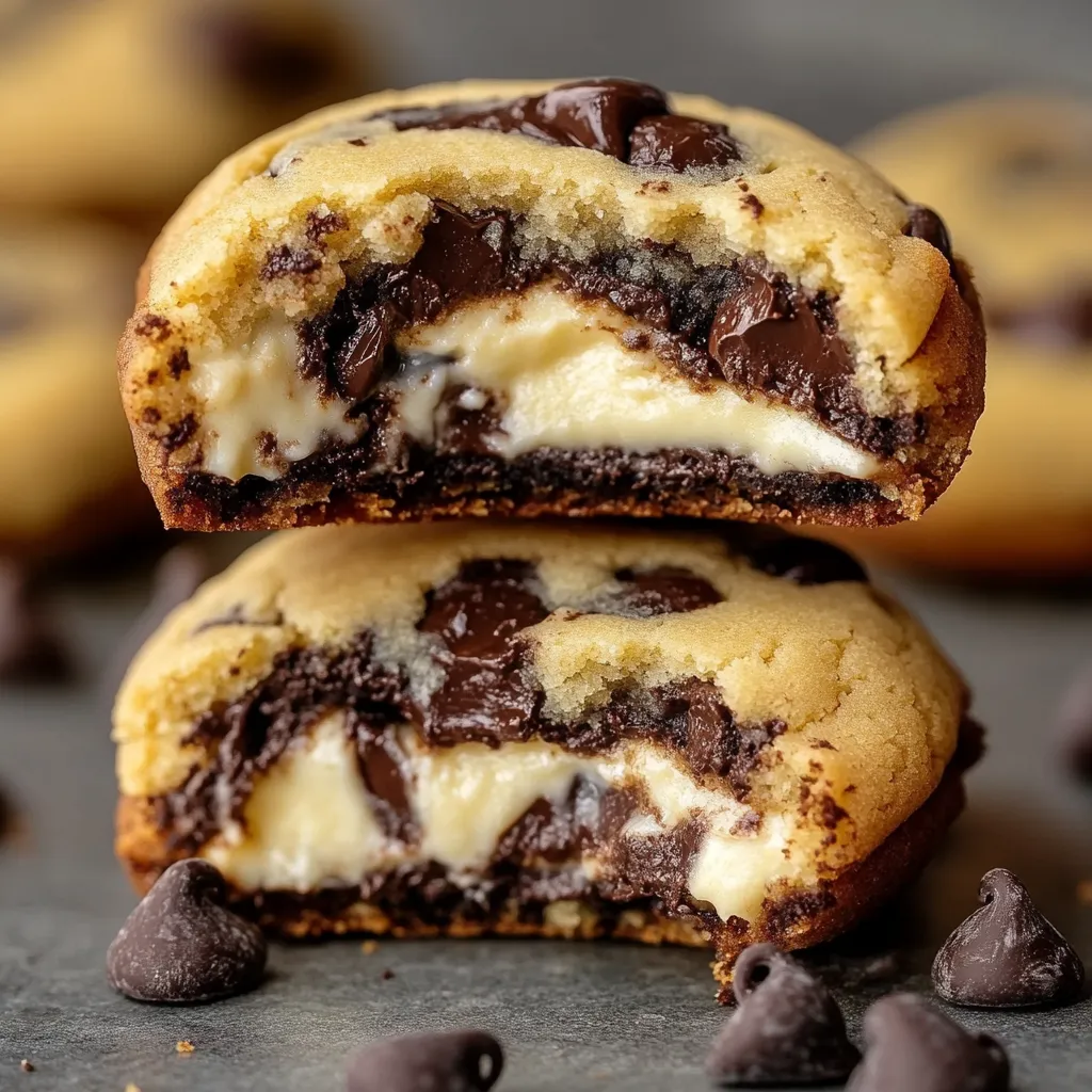 Close-up of a Cheesecake-Filled Chocolate Chip Cookie broken in half showing the creamy center