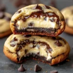 Close-up of a Cheesecake-Filled Chocolate Chip Cookie broken in half showing the creamy center