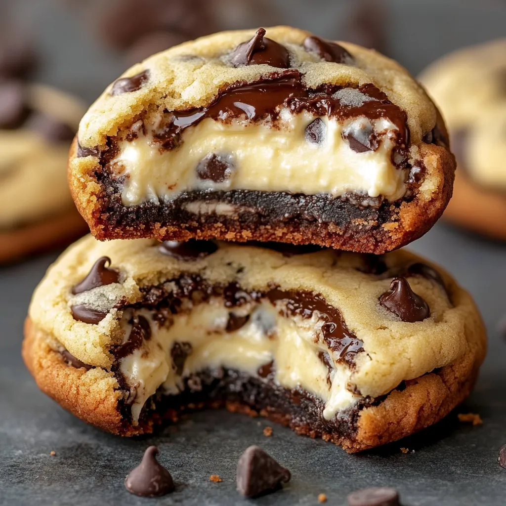 Close-up of a Cheesecake-Filled Chocolate Chip Cookie broken in half showing the creamy center