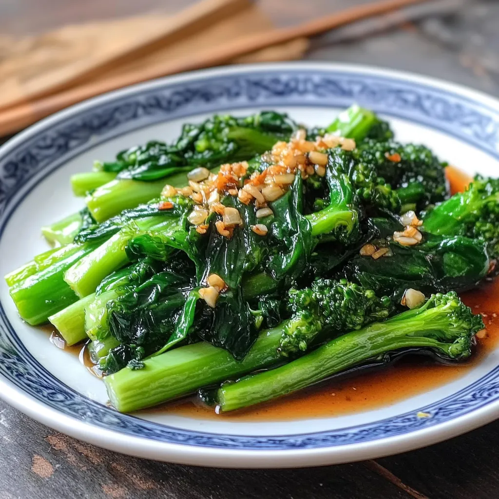A plate of Chinese broccoli drizzled with garlic oyster sauce and topped with golden fried garlic.