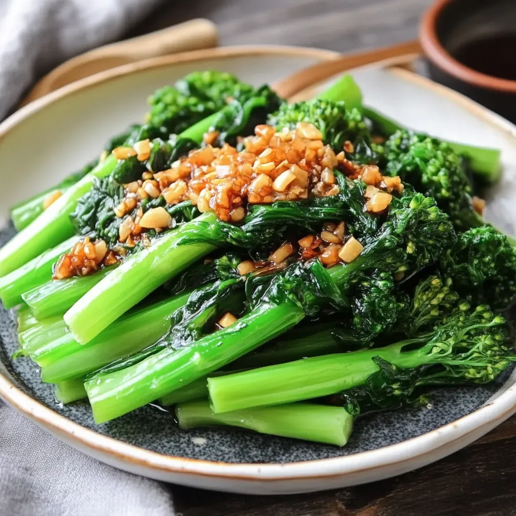A plate of Chinese broccoli drizzled with garlic oyster sauce and topped with golden fried garlic.