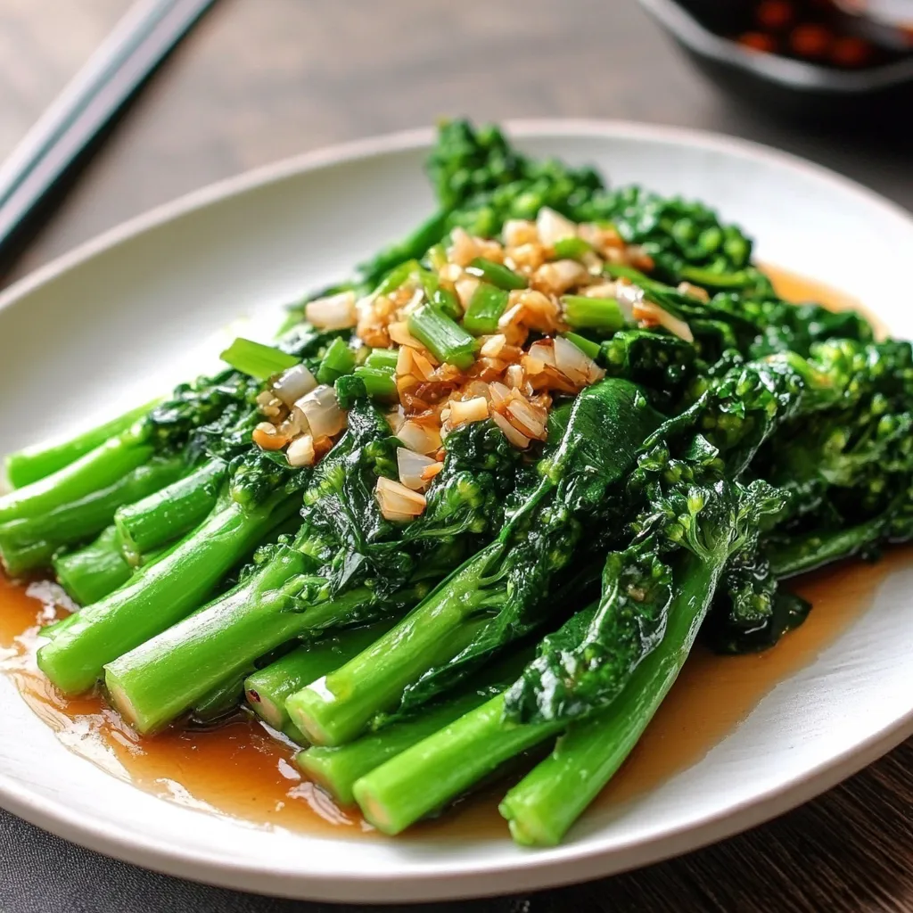 A plate of Chinese broccoli drizzled with garlic oyster sauce and topped with golden fried garlic.