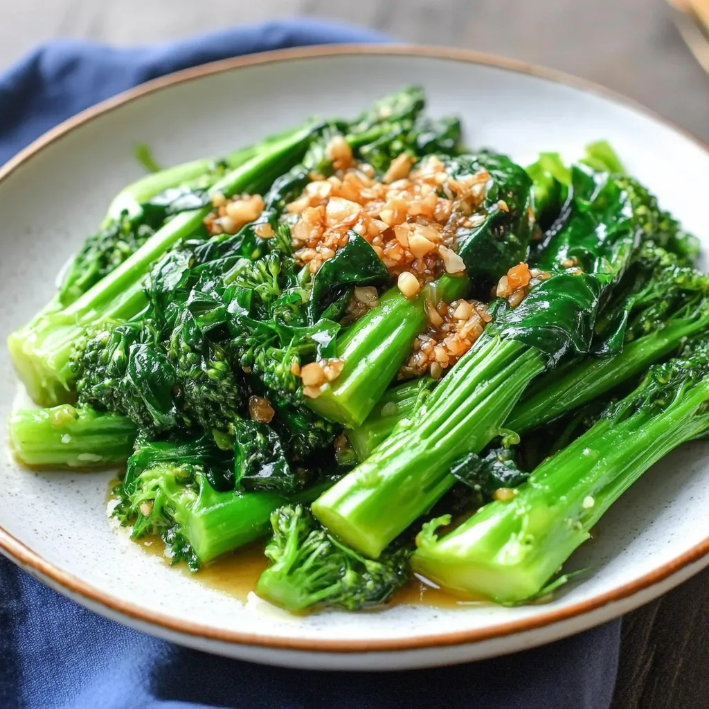 A plate of Chinese broccoli drizzled with garlic oyster sauce and topped with golden fried garlic.