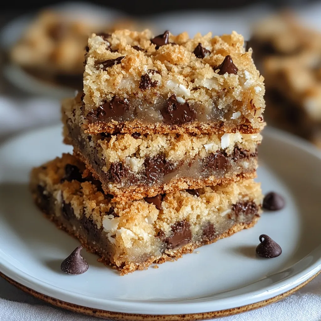 Chewy coconut toffee chocolate chip cookie bars stacked on parchment paper