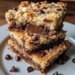 Chewy coconut toffee chocolate chip cookie bars stacked on parchment paper