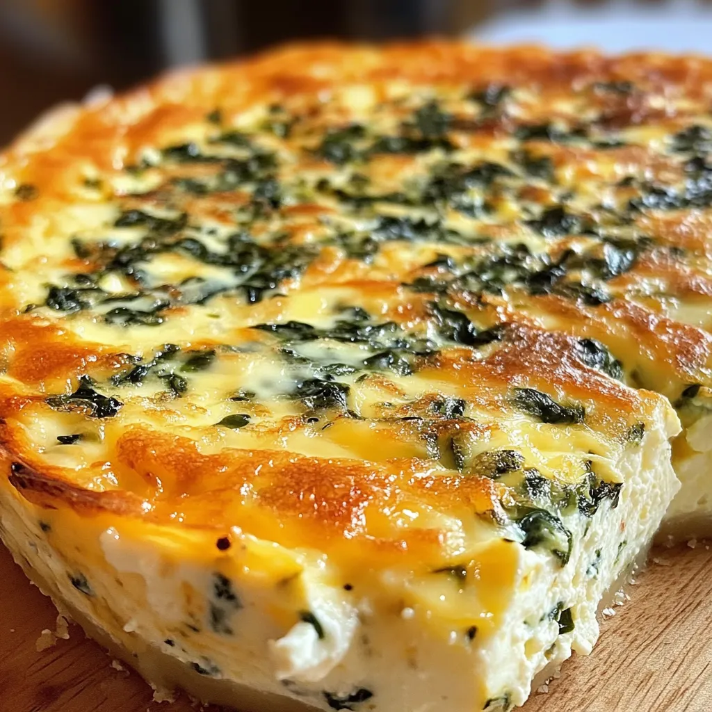 Crustless spinach and cottage cheese quiche with golden mozzarella top in a ceramic pie dish