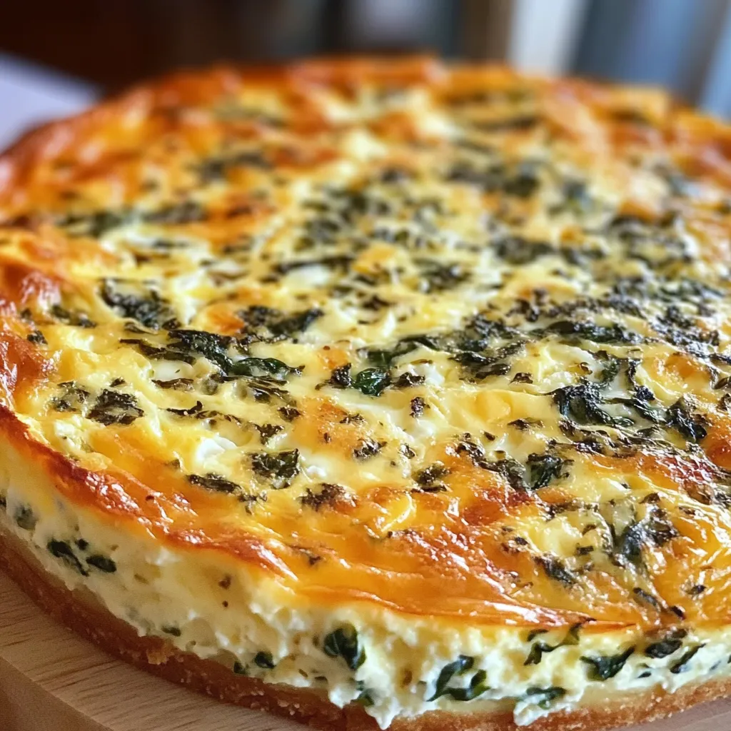 Crustless spinach and cottage cheese quiche with golden mozzarella top in a ceramic pie dish