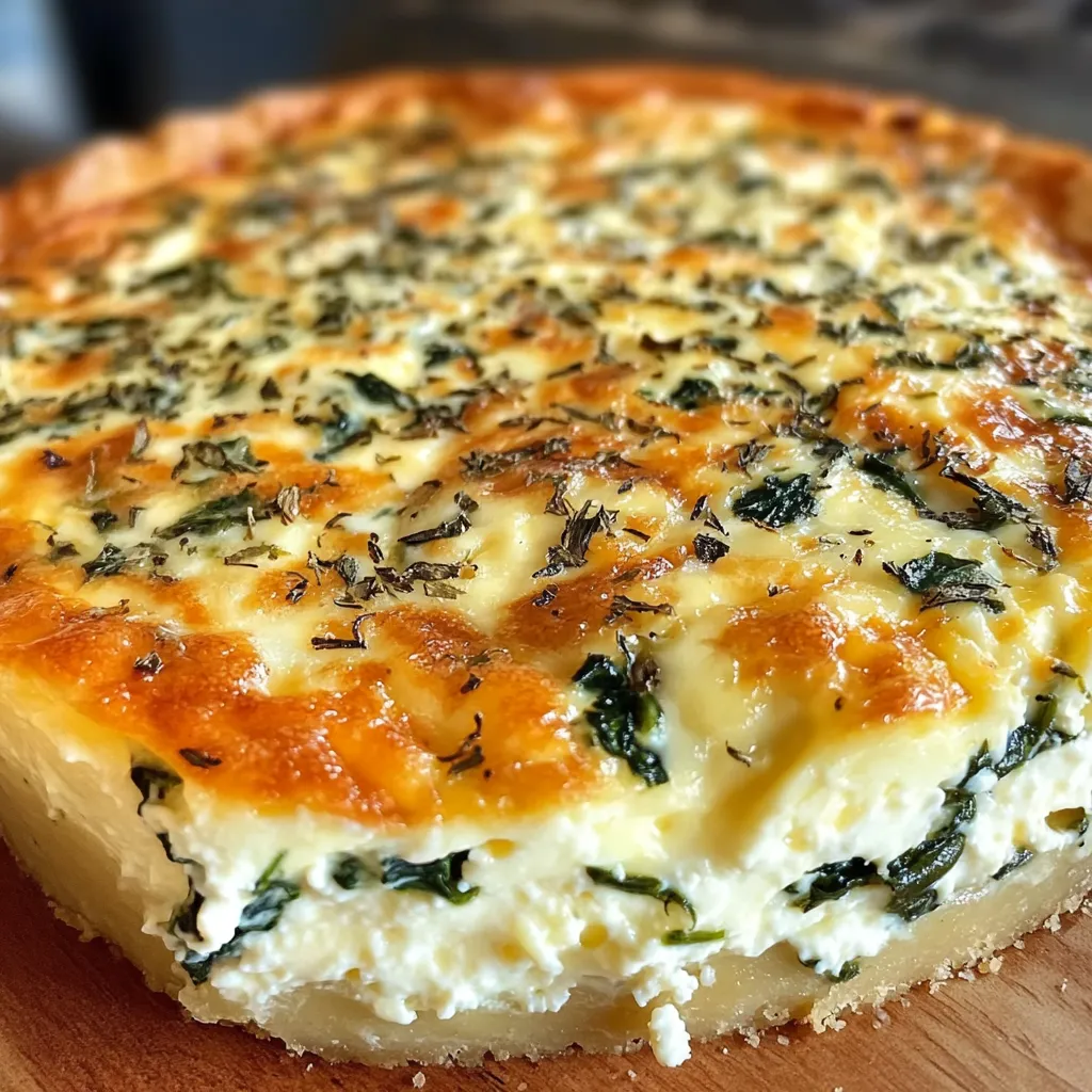 Crustless spinach and cottage cheese quiche with golden mozzarella top in a ceramic pie dish