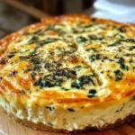 Crustless spinach and cottage cheese quiche with golden mozzarella top in a ceramic pie dish