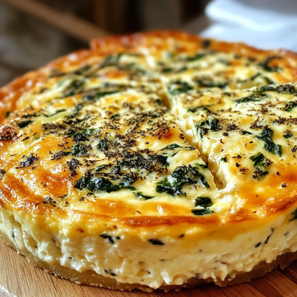 Crustless spinach and cottage cheese quiche with golden mozzarella top in a ceramic pie dish