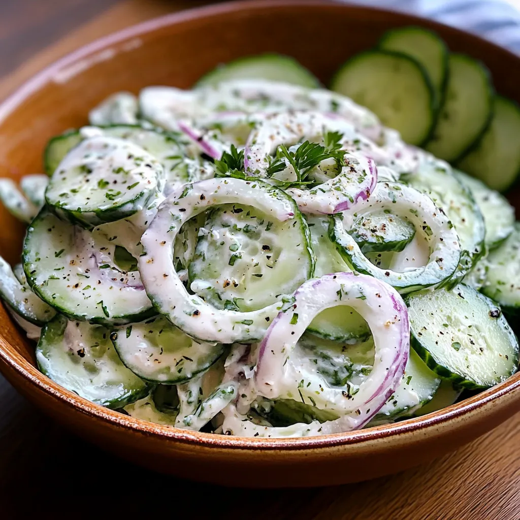 Bowl of creamy cucumber salad with fresh dill and red onions