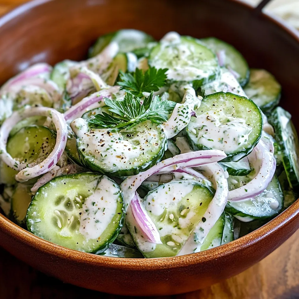 Bowl of creamy cucumber salad with fresh dill and red onions