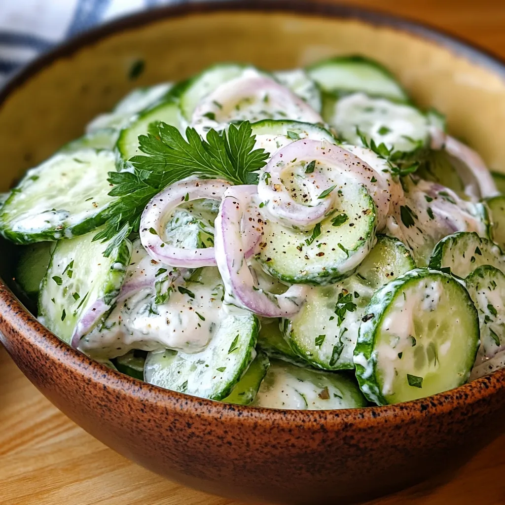 Bowl of creamy cucumber salad with fresh dill and red onions