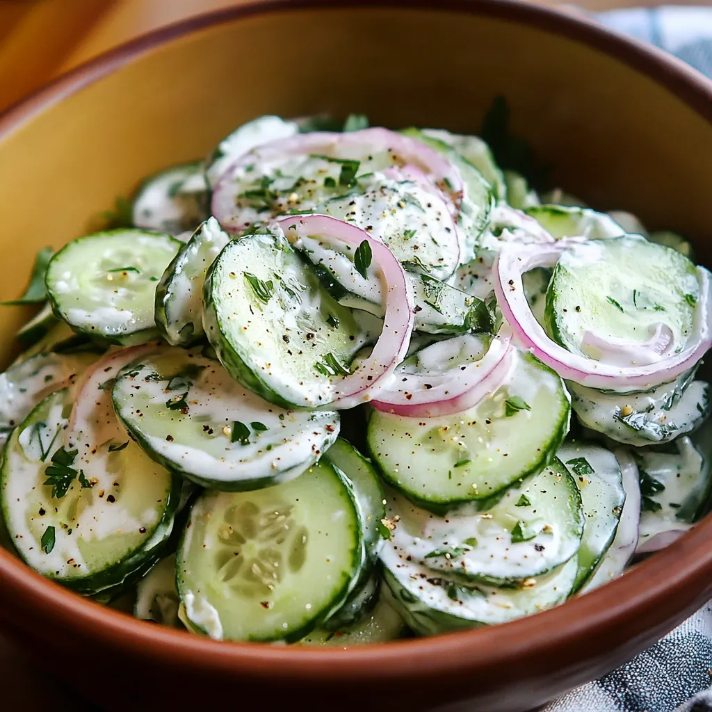 Bowl of creamy cucumber salad with fresh dill and red onions