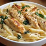 Creamy garlic chicken and penne pasta served in a skillet topped with parsley