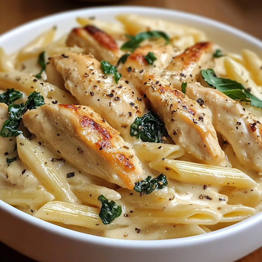 Creamy garlic chicken and penne pasta served in a skillet topped with parsley
